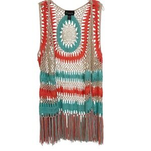 Frazzle Boho Crochet Fringe Vest M Multi Color Open Knit Medallion Back NWOT